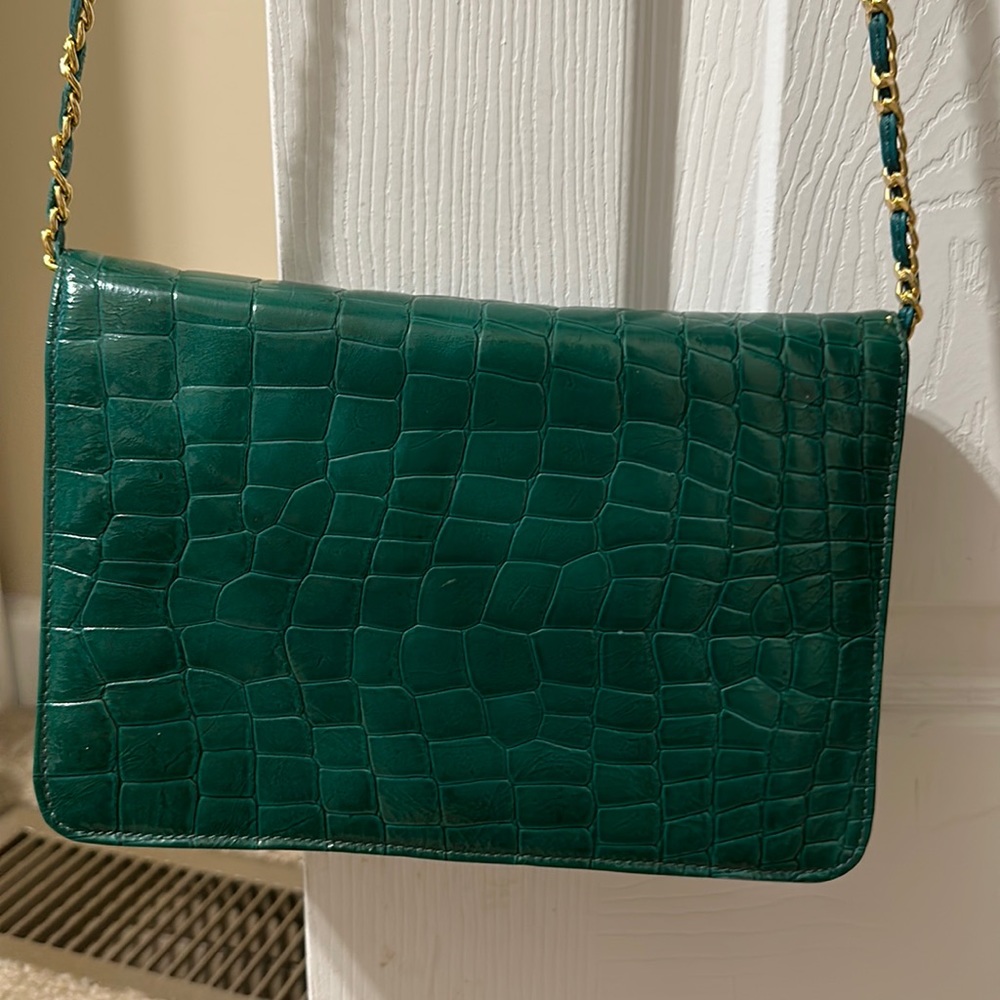 Green Croc-Embossed Shoulder Bag